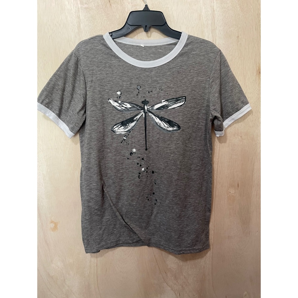 Dragonfly Graphic Ringer T-Shirt Heather Gray Twist Front Short Sleeve Top